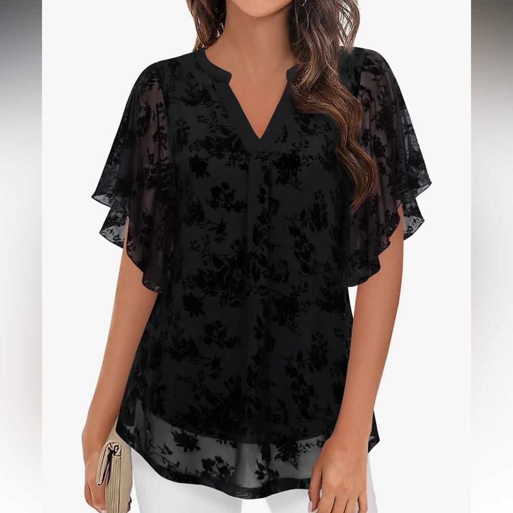 Timeson black velvet burnout flutter top women’s XL floral flutter sleeves